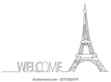 Line art of the Eiffel Tower with the word "Welcome." Modern and clean design for travel, tourism, or French-themed projects. Ideal for postcards, banners, or websites.