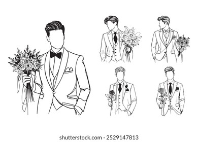 Line Art Elegant Man Wedding With Rose Flower Photo Black and White Illustration Hand Drawn Clipart