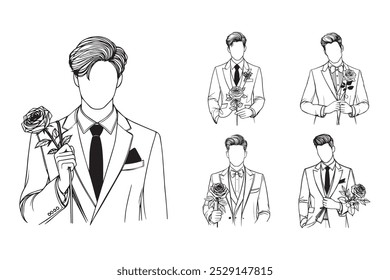 Linha arte casamento homem elegante com flor rosa foto preto e branco ilustração mão desenhado Clipart