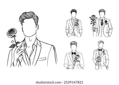 Line Art Elegant Man Wedding With Rose Flower Photo Black and White Illustration Hand Drawn Clipart