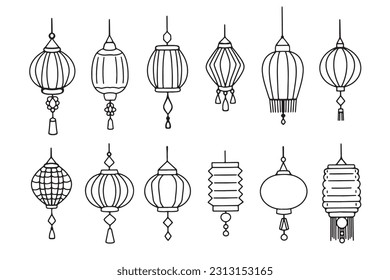 line art elements chinese lanterns chinese new year hand drawn vector illustration