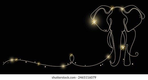 Line Art Elephant with Gold Glitter Stars. Luxury Rich Glamour Invitation Card Template. Line Art Elephant  Isolated on Black. Shine Gold Light Texture Effect. Glowing Blink Star Symbol Element Gift.