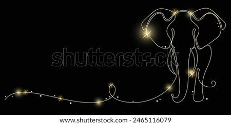 Line Art Elephant with Gold Glitter Stars. Luxury Rich Glamour Invitation Card Template. Line Art Elephant  Isolated on Black. Shine Gold Light Texture Effect. Glowing Blink Star Symbol Element Gift.