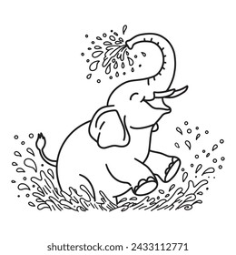 Line art of elephant has fun with playing in the water