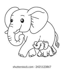 Line art of elephant mother and her baby walking together vector