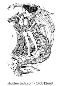 line art of elf girl with the dragon