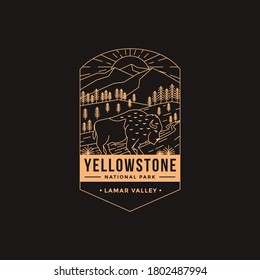 line art Emblem patch logo illustration of Lamar Valley Yellowstone National Park