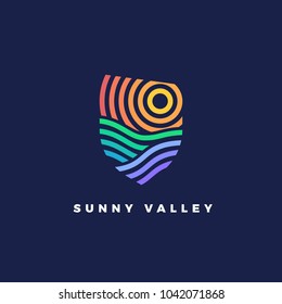 Line art emblem Sunny Valley. Line logotype for wine yards or landscape with hills and stripes.