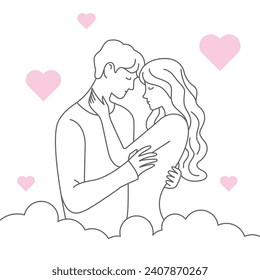 Line art embraces loving couple, romantic moment for couple, valentine poster. Hand drawn vector illustration