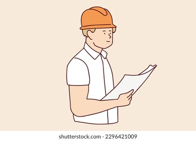 ingeniero de línea de arte construcción caricatura ingeniero de carácter masculino en soporte de ropa de protección y observar la ilustración de construcción dibujada a mano vectorial