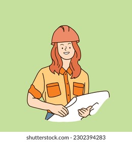 line art engineer construction cartoon woman character engineer in protective clothing stand and watch the construction illustration vector hand drawn