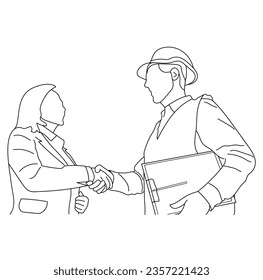 Arte de línea de apretón de manos del ingeniero con una mujer de negocios después de terminar la reunión en el concepto de apretón de manos en el sitio de construcción
