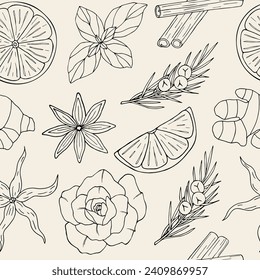 Line art essential oil plants	seamless pattern