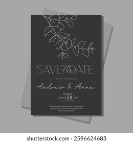Line Art Eucalyptus. Eucayptus Wedding Invitation template, Outline Eucalyptus Minimalist Wedding Design, Greenery Wedding invite template