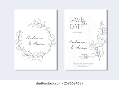 Line Art Eucalyptus. Eucayptus Wedding Invitation template, Outline Eucalyptus Minimalist Wedding Design, Greenery Wedding invite template