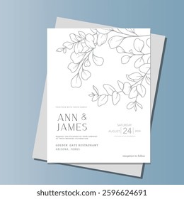 Line Art Eucalyptus. Eucayptus Wedding Invitation template, Outline Eucalyptus Minimalist Wedding Design, Greenery Wedding invite template