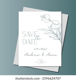 Line Art Eucalyptus. Eucayptus Wedding Invitation template, Outline Eucalyptus Minimalist Wedding Design, Greenery Wedding invite template