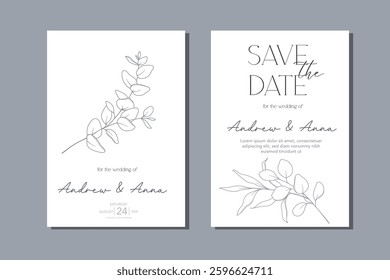 Line Art Eucalyptus. Eucayptus Wedding Invitation template, Outline Eucalyptus Minimalist Wedding Design, Greenery Wedding invite template