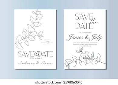 Line Art Eucalyptus. Eucayptus Wedding Invitation template, Outline Eucalyptus Minimalist Wedding Design, Greenery Wedding invite template