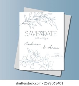Line Art Eucalyptus. Eucayptus Wedding Invitation template, Outline Eucalyptus Minimalist Wedding Design, Greenery Wedding invite template