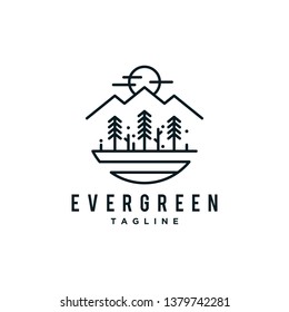 Line Art Evergreen Logo Design Template. Evergreen with Mountain.