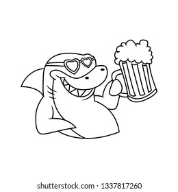 line art, expression of sharks enjoying a holiday with a glass of cold beer