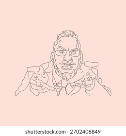 Arte de línea de hombre expresivo con gafas de barba y pajarita
