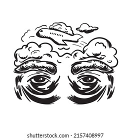 line art of face with Aeroplan. suitable to print on wall art.