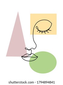 line art face with closed eye.  one line contour drawing and geometric shapes in different colors.  Modern fashion print poster.