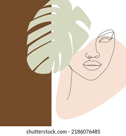 Line art face. Nice design, poster with minimal woman face and monstera leaf. One line drawing style. 