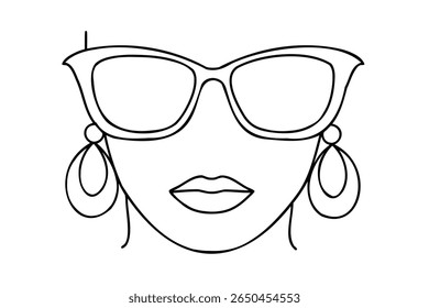Line art a face wearing sunglasses hoop earrings on a Single eyewear lips