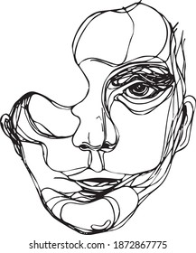 Line Art Face. Woman's Face With One Eye, Looking Straight. Abstract Minimal Woman Portrait. Logo, Icon, Label