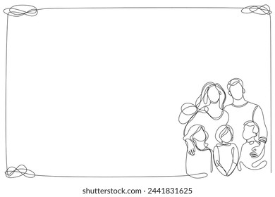 Line Art Family Frame. Continuous Line Happy Family Portrait Doodle Border Isolated On White. Sketch Continuous Line Drawing. Editable Vector Family Portrait One Thin Stroke