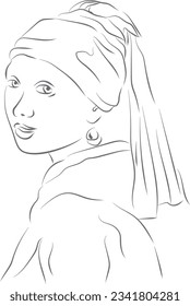 line art a famous painting 'girl with a pearl earring' by Johannes Vermeer