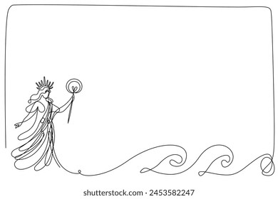 Line Art Fantasy Goddess Border. Powerful Female Abstract Goddess Character Frame isolated on White. Editable Vector Thin Stroke. Continuous Line Modern Drawing. Antique Woman Goddess Portrait