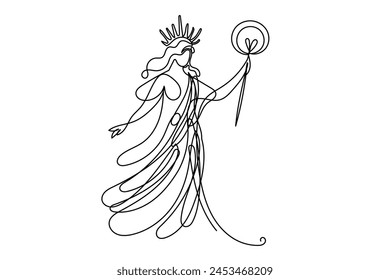 Line Art Fantasy Goddess Portrait. Powerful Female Abstract Goddess Character isolated on White background. Editable Vector Thin Stroke. Continuous Line Modern Drawing. Antique Woman Goddess Portrait