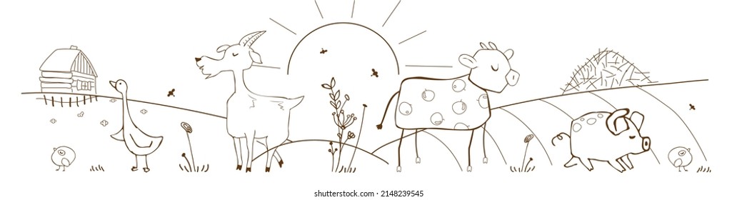 Line art farm animals in a village on white background. Hand drawn cartoon cow, goat, pig, goose and chick.