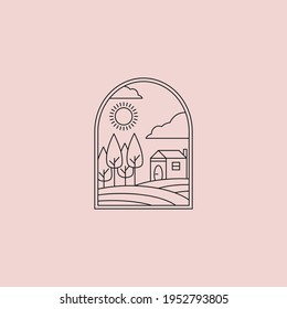 line art farm house emblem vector illustration design, line art style