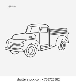 Line Art Farmer Pickup Truck Vector Illustration Icon. Vintage Transport Vehicle