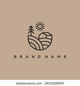 line art farmhouse Vector con logo de pine and sun