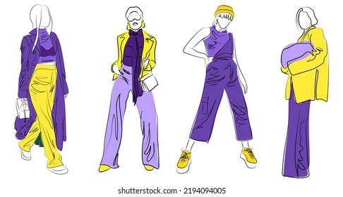 Line art fashion illustrations of models