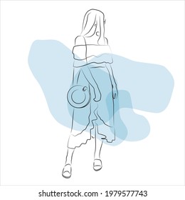 Line art fashion sketch with a girl in a dress with a bag. For fashion bloggers, brands,  stores. Fashion lifestyle. Fresh summer fashion. Abstract spots.