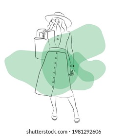 Line art fashion sketch with a girl in a dress with a bag and a hat. For fashion bloggers, brands,  stores. Fashion lifestyle. Fresh summer fashion. Abstract spots.