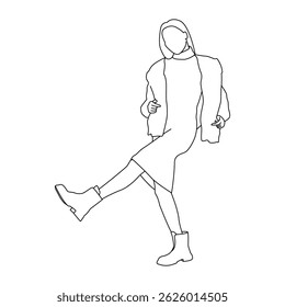 Linha de arte da mulher na moda chutando no vestido e botas, esboço Desenho de uma figura feminina elegante com postura dinâmica