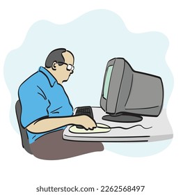 line art fat businessman working on old computer illustration vector hand drawn isolated on white background
