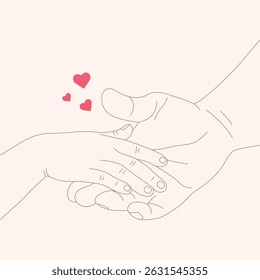 Line art of a father and child holding hands with small hearts. Minimalist and emotional design perfect for Father's Day, family, and love-themed projects.