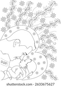 Line Art of Father Holding Newborn Baby with Flowers, Simple black and white line drawing illustration depicting a tender moment between a father and his newborn baby, surrounded by decorative