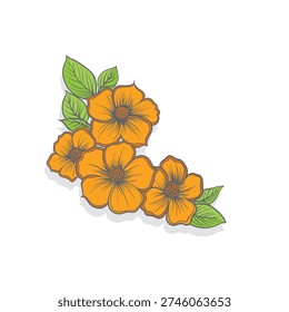 Line art features a cluster of stylized flowers with detailed petals and central stamens, accompanied by leaves. The design is monochromatic with a focus on intricate outlines, highlighting texture and form. The arrangement appears organic, resembling corner or border embellishments, suitable for decorative purposes.