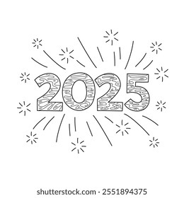 Line art featuring 2025 surrounded by radiating lines and stars, ideal for futuristic concepts, technology themes, and New Years designs. Line art depicts 2025 surrounded by radiating lines and stars.