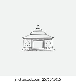 Line art featuring a pagoda-style building showcasing traditional architecture and intricate detailing.